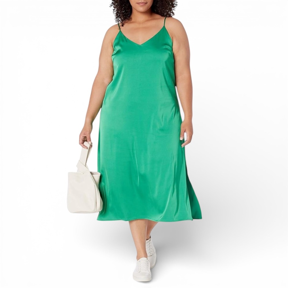 The Drop Ana Slip Dress Emerald Green Midi Spaghetti Strap Side Slit 2X